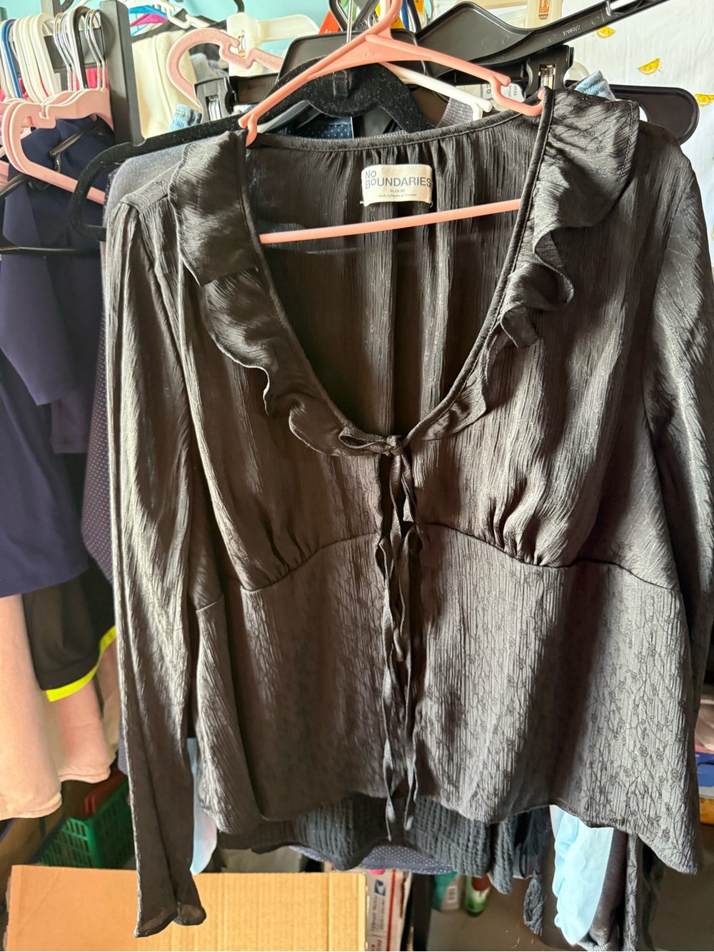 No Boundaries Black Ruffle Tie-Front Peplum Blouse